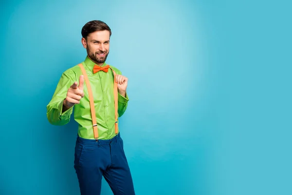 Portrait of his he nice attractive friendly content cheerful cheery bearded guy pointing at you isolated on bright vivid shine vibrant blue green teal turquoise color background — Stockfoto