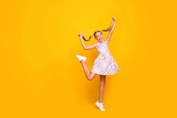 Full body photo of beautiful small lady tourist good mood hold raise pretty long tails playful girl wear plaid summer dress sneakers isolated yellow vibrant color background — Stock Photo, Image