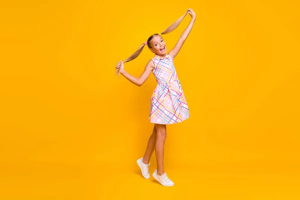 Full size profile photo of beautiful little lady good mood hold pretty long tails walk street funny wear checkered summer sun dress white sneakers isolated yellow shine color background — Stockfoto