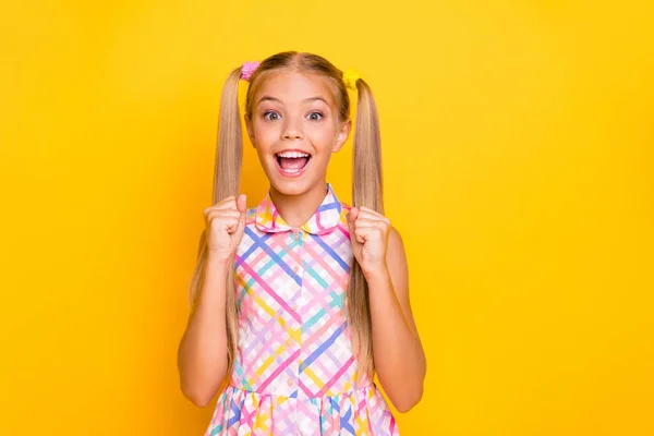 Hooray. Photo of funny crazy little lady schoolgirl raise fists celebrating hot summer holidays weather wear checkered plaid sun dress isolated yellow shine color background — Stockfoto