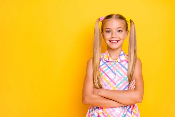 Foto de engraçado pouco senhora braços cruzados bom humor dente sorriso muito longo caudas penteado alegre menina usar xadrez vestido de verão isolado amarelo vibrante cor fundo — Fotografia de Stock