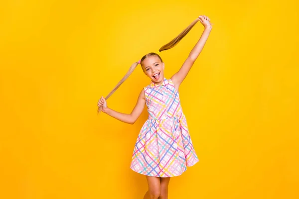 Catch me. Photo of pretty funny childish little lady holding long tails hands sticking tongue out mouth wear checkered plaid summer dress isolated yellow shine color background — Φωτογραφία Αρχείου
