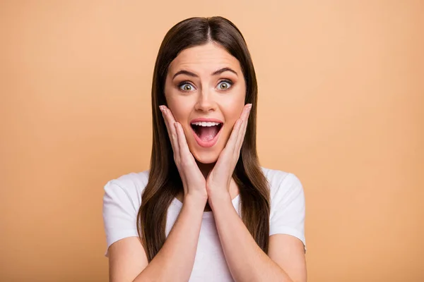 Portrait of astonished crazy girl look incredible black friday bargains impressed touch hands face shout yell wear stylish outfit isolated over pastel color background — Stockfoto