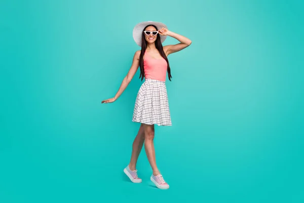 Full size photo of sweet lovely cute girl enjoy spring time vacation wear good look outfit isolated over pastel turquoise color background — Zdjęcie stockowe