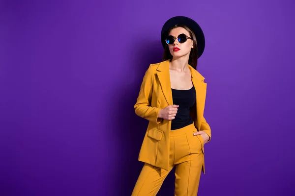 Portrait of gorgeous stylish modern girl touch her blazer look copy space look want attract rich wealthy millionaire guy wear vintage outfit isolated over purple color background — Φωτογραφία Αρχείου