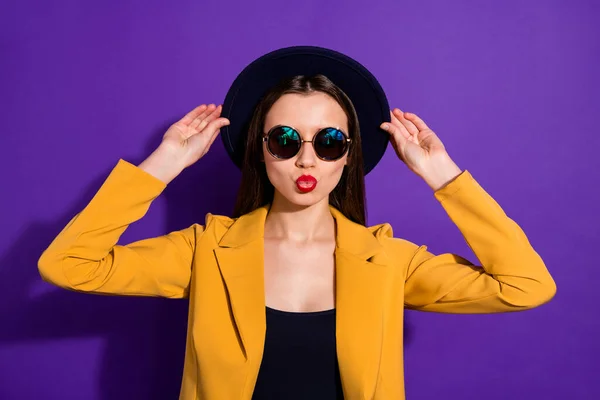 Close up photo of charming attractive lovely girl show her love men send air kiss touch vintage bright hat wear yellow suit isolated over purple color background — Φωτογραφία Αρχείου