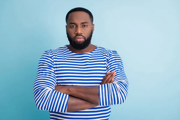 Portrait of minded pensive professional sailor afro american man cross hands ready decide decisions choose choice wear frock isolated over blue color background — Stockfoto