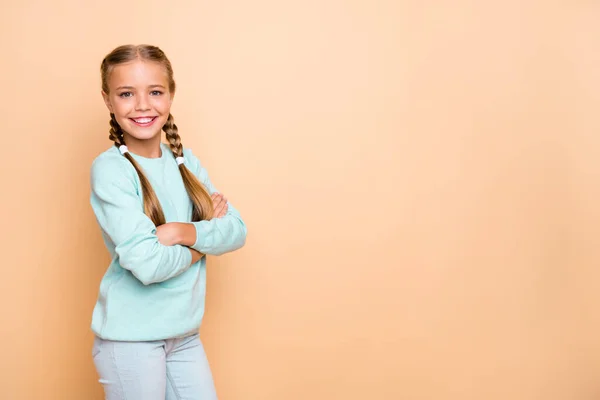 Profile photo of beautiful pretty small lady arms crossed best pupil school girl showing empty space banner advertisement wear blue pullover jeans isolated beige pastel color background — Stockfoto