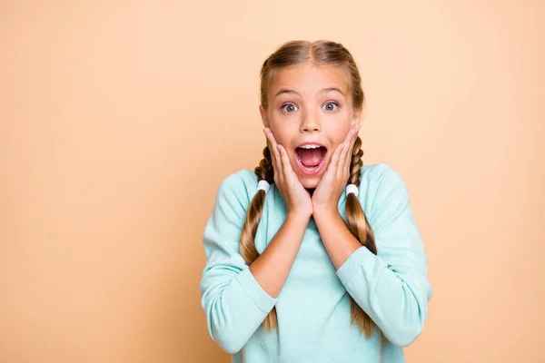 Wow. Closeup photo of beautiful pretty small lady hold hands on cheeks screaming of sale prices shopping open mouth wear blue pullover isolated beige pastel color background — Stockfoto