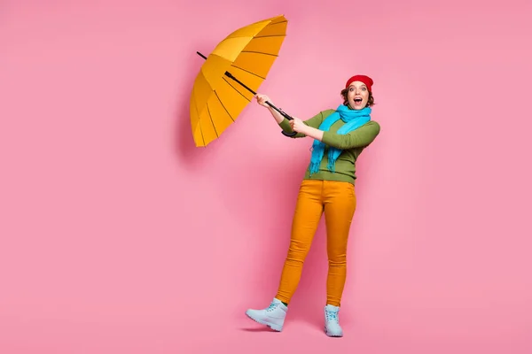 Full body photo excited girl travel trip her shine umbrella fly wind air she try catch scream wow omg wear blue red headwear pullover winter pants isolated pink color background — Stok fotoğraf