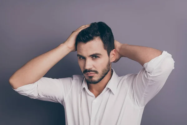 Photo of young macho business man hands touch head hairdo check condition groomed perfect mustache wear white office shirt isolated grey color background — Stockfoto