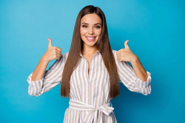 Portrait of positive charming cute pretty lovely girlish lady promoter present ideal great ads promo show thumb up sign wear good look outfit isolated over vivid color background — Stock Fotó