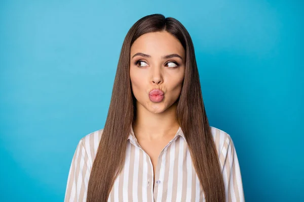 Close up photo of pretty lovely charming girl look copyspace want date on 14-february holiday send air kisses to guys wear modern student style clothes isolated over blue color background — Stok fotoğraf