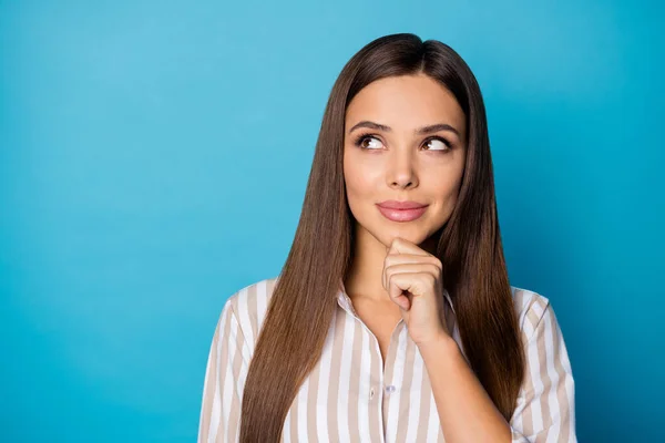 Portrait of minded concentrated girl look copyspace touch finger chin think thoughts decide work job solution wear modern outfit isolated over vivid color background — Stockfoto