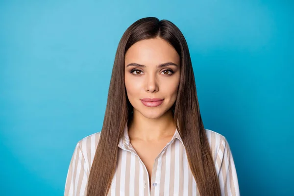 Close up photo of charming classy girl feel she real expert worker look good listen her colleagues partners wear style outfit isolated over blue color background — Stock Fotó