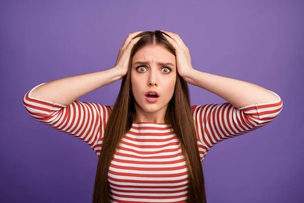 Oh no. Closeup photo of attractive lady long hairdo open mouth listen bad terrible unexpected news arms on head wear casual striped shirt isolated pastel purple color background — 图库照片