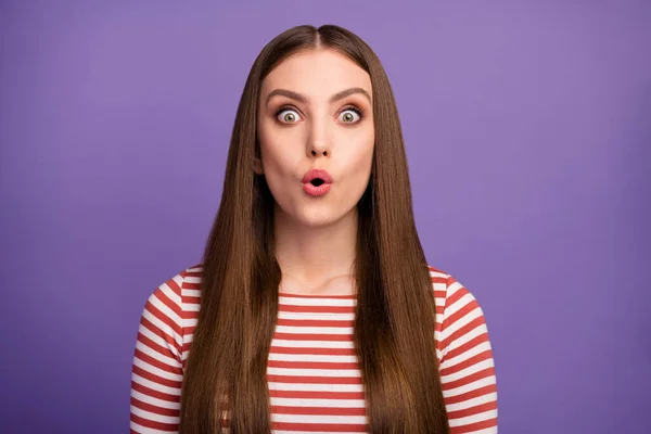 Closeup photo of attractive funny lady good mood long perfect hairstyle open mouth crazy amazing news wear casual striped shirt isolated pastel purple color background — Zdjęcie stockowe