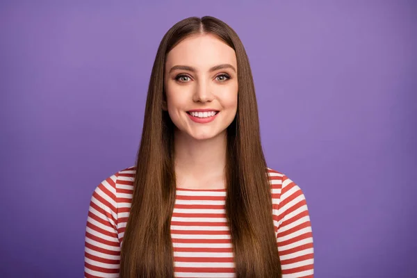 Closeup photo of attractive cheerful lady good mood beaming smile long perfect groomed hairdo wear casual striped shirt isolated pastel purple color background — Stockfoto