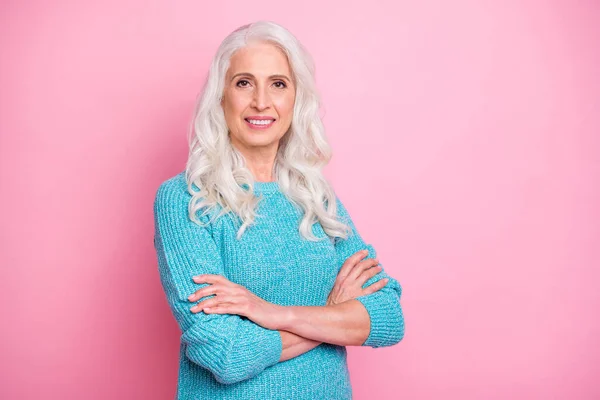 Tunred photo of pretty attractive old woman cross her hands enjoy working in kindergarten with kids wear good look jumper isolated over pastel color background — Stock Fotó