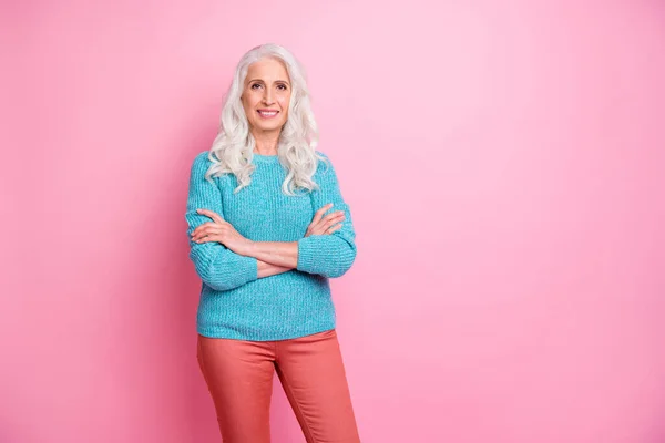 Portrait of charming lovely pretty old woman cross her hand ready care after kids grandchildren wear good look pullover isolated over pastel color background — Stockfoto