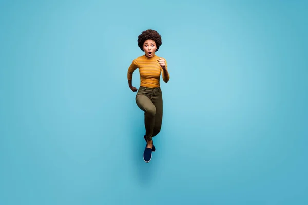 Full length body size view of her she nice girlish funky worried active wavy-haired girl running late on-time isolated on bright vivid shine vibrant blue green teal turquoise color background — Stok fotoğraf