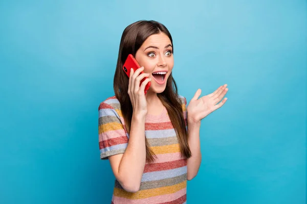 Close-up portrait of her she nice lovely pretty charming cute positive cheerful cheery girl calling abroad talking sale low price isolated over bright vivid shine vibrant blue color background — 스톡 사진