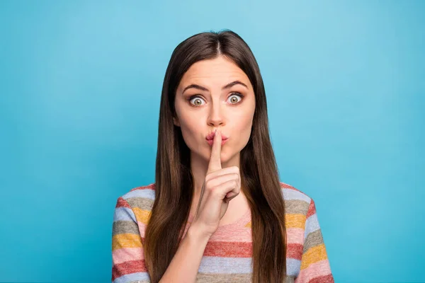 Close-up portrait of her she nice-looking lovely pretty girlish feminine funny girl showing shh sign keep silence isolated over bright vivid shine vibrant blue color background — Stock Photo, Image