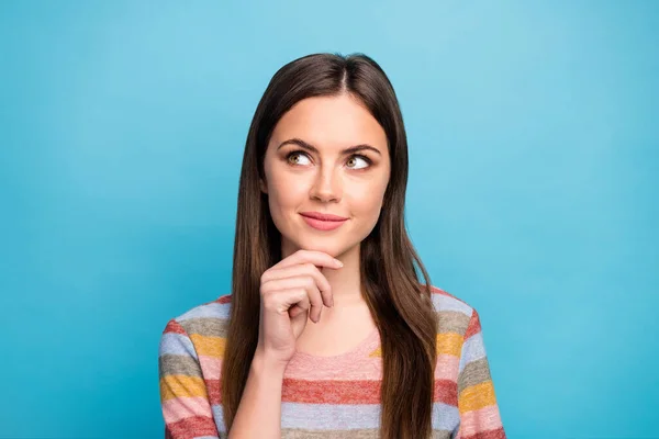 Close-up portrait of her she nice attractive lovely pretty cute curious pensive dreamy girl creating new strategy touching chin isolated over bright vivid shine vibrant blue color background — Stock Photo, Image