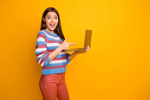 Portrait of crazy funky girl use laptop read social media news online  shopping black friday bargain information impressed scream wow omg wear  stylish Stock Photo - Alamy