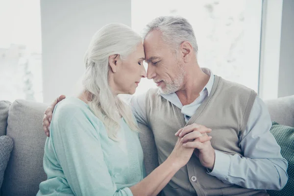 Foto de perfeito par envelhecido inclinado testa segurando as mãos posando retrato de família sentado sofá aconchegante dentro de casa — Fotografia de Stock