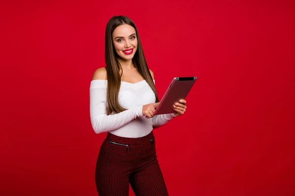 Portrait of stunning trend classy charming girl worker work on tablet choose documents wear good look classy chic outfit isolated over bright color background — Stock Photo, Image