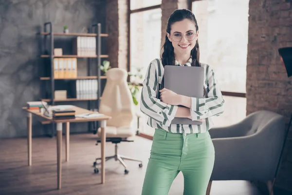 Portrait of her she nice attractive experienced cheerful girl holding in hands laptop developing company organization at modern wood loft industrial interior style work place station — Stock Photo, Image