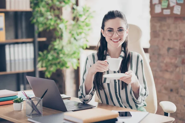 Ritratto di positiva allegra compagnia proprietario assistente ragazza sit desk con computer portatile tenere americano bevanda tazza si prepara per capo indossare camicia bianca a righe sul posto di lavoro — Foto Stock