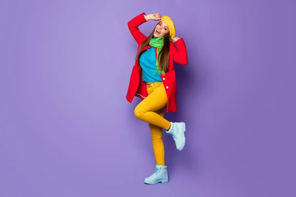 Full length body size view of her she nice attractive pretty cheerful straight-haired girl wearing bright look having fun time disco dancing isolated on lilac purple violet pastel color background — Stock Photo, Image