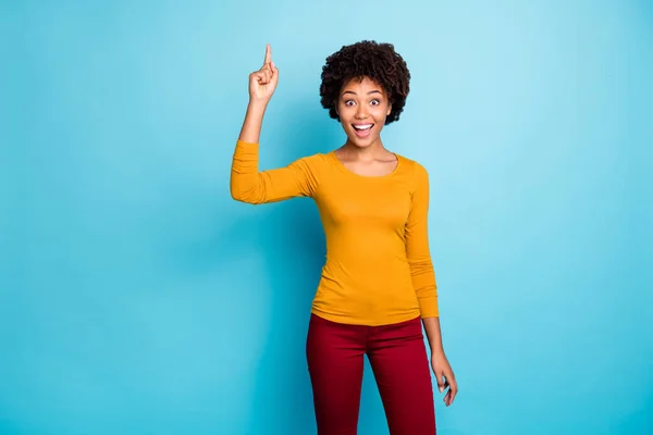 Portré izgatott okos afro amerikai lány úgy gondolja, gondolatok csodálatos megoldás fel index ujj fel lenyűgözött sikoly wow omg viselni nadrág pulóver elszigetelt felett kék színű háttér — Stock Fotó