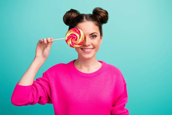 Close-up portrait of her she nice attractive lovely pretty cheerful cheery girl closing eye with lolli pop having fun isolated over bright vivid shine vibrant blue turquoise color background — Stock Photo, Image