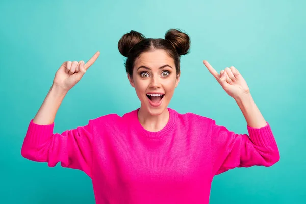 Close-up portrait of her she nice attractive lovely winsome charming cute pretty cheerful cheery girl demonstrating hairdo isolated over bright vivid shine vibrant blue turquoise color background — Stock Photo, Image