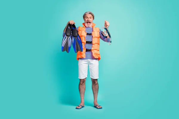 Full body photo of funny aged seaman underwater breathing equipment flippers tube mask diver wear striped sailor shirt shorts orange gilet de sauvetage tongs isolé fond de couleur sarcelle — Photo