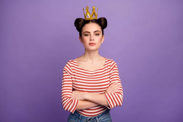 Photo of attractive boast lady students prom party arms crossed brag person arrogance look wear golden crown white red casual striped shirt isolated pastel purple color background