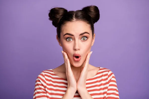 Closeup photo of crazy pretty lady teen two cute buns open mouth listen amazing good news arms on cheeks wear white red casual striped shirt isolated purple pastel color background — Stock Photo, Image