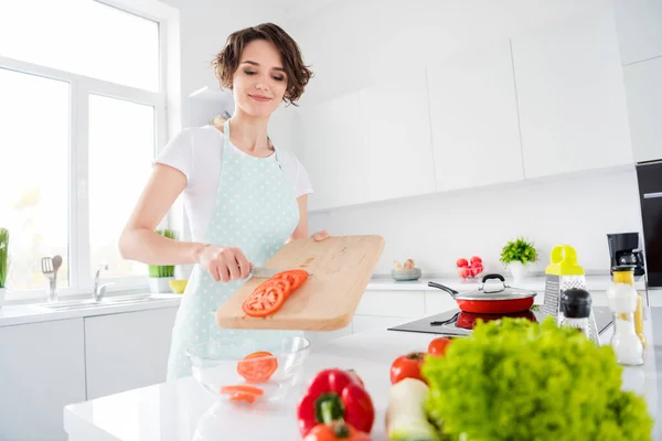 Foto van mooie huisvrouw dame zetten tomaat plakjes van houten plank in glazen plaat genieten 's morgens koken smakelijke salade bereiden dragen schort t-shirt staan moderne keuken binnen — Stockfoto