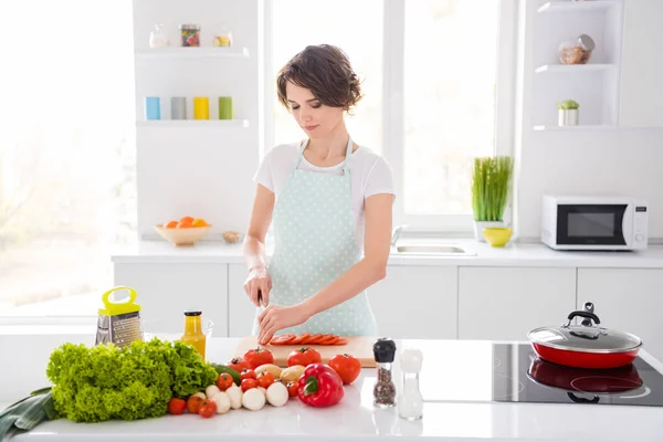 Foto van huisvrouw aantrekkelijk gericht chef-kok dame armen houden tomaat snijmes plakken genieten 's morgens koken lekker lekker diner dragen schort staan moderne keuken binnen — Stockfoto