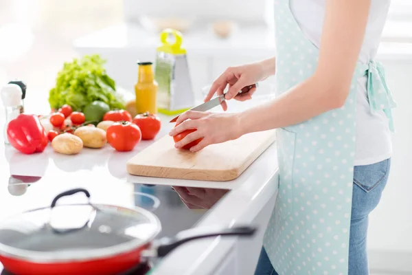 Gesneden profiel foto van huisvrouw chef-kok armen houden tomaat snijden mes plakken genieten 's morgens koken smakelijk diner familie vergadering dragen schort t-shirt staan moderne keuken binnen — Stockfoto