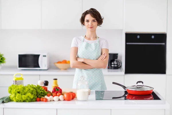 Foto van mooie aantrekkelijke huisvrouw weekend zaterdag ochtend koken lekker diner goed humeur armen gekruist dragen culinaire schort t-shirt stand moderne keukengerei binnen — Stockfoto