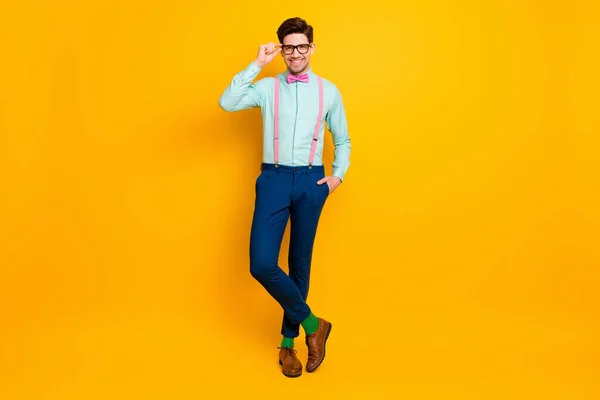 Full body photo of attractive man macho enjoy summer weekend flirt with beauty girl touch spectacles wear footwear bowtie isolated over shine color background — Stock Photo, Image