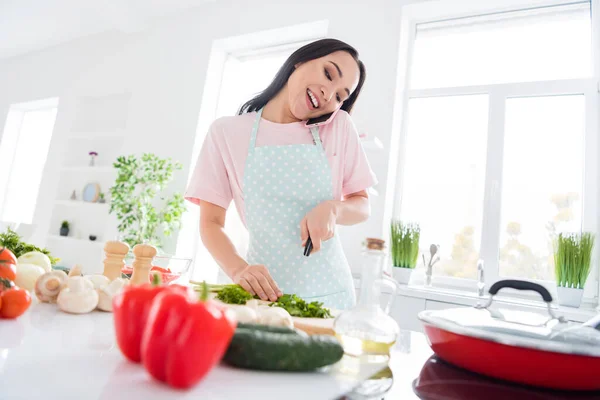 Portret van haar ze mooi aantrekkelijk mooi blij vrolijk meisje bereiden koken dagelijks huiselijke lunch lunch groente praten over de telefoon in moderne licht witte interieur keuken — Stockfoto