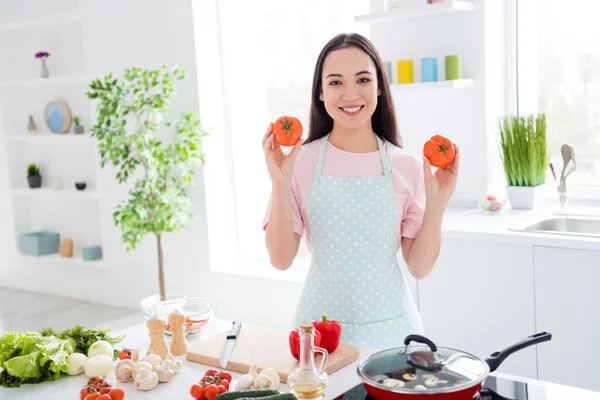 Retrato dela ela agradável atraente linda confiante alegre menina alegre segurando em mãos tomate cozinhar refeição doméstica todos os dias almoço almoço veg na moderna luz branca cozinha interior — Fotografia de Stock