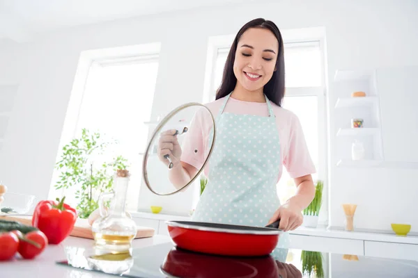 Foto de bela alegre asiático dona de casa segurar frigideira verificação refeição condição cozinhar saboroso jantar família desgaste t-shirt pontilhado avental stand moderna cozinha dentro de casa — Fotografia de Stock