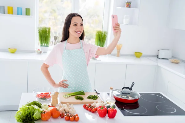 Портрет її вона приваблива весела весела щаслива дівчина готує повсякденний домашній обід веган, роблячи селфі відео креативний рецепт блог семінар в сучасному світло-білому інтер'єрі кухні — стокове фото