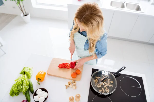 Hoge hoek boven uitzicht foto van huisvrouw chef-kok dame houden rode peper bel snijden mes plakjes genieten ochtend koken smakelijk diner familie vergadering dragen schort shirt staan moderne keuken binnen — Stockfoto